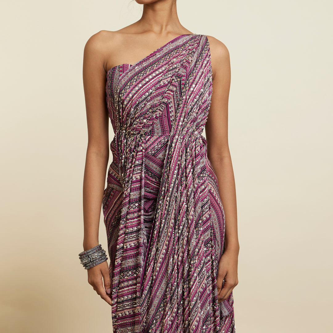 MERLOT BOHO STRIPE PRINT EMBELLISHED SAREE GOWN