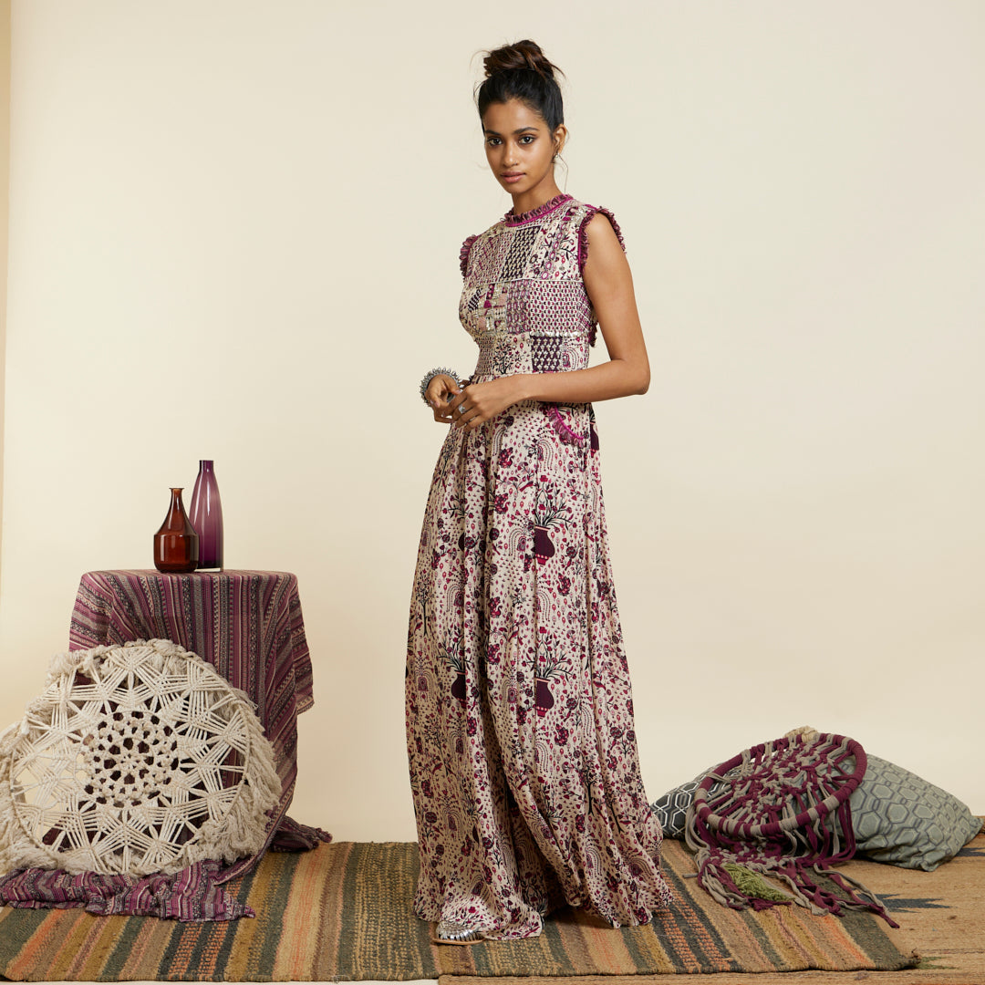 SAFAR MERLOT JAAL PRINT PATCHWORK JUMPSUIT