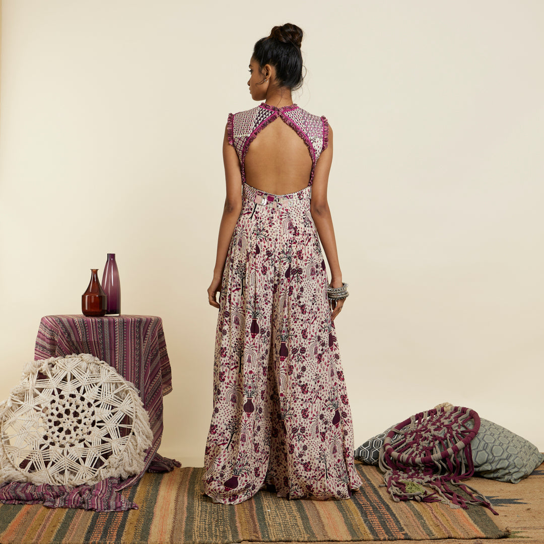 SAFAR MERLOT JAAL PRINT PATCHWORK JUMPSUIT