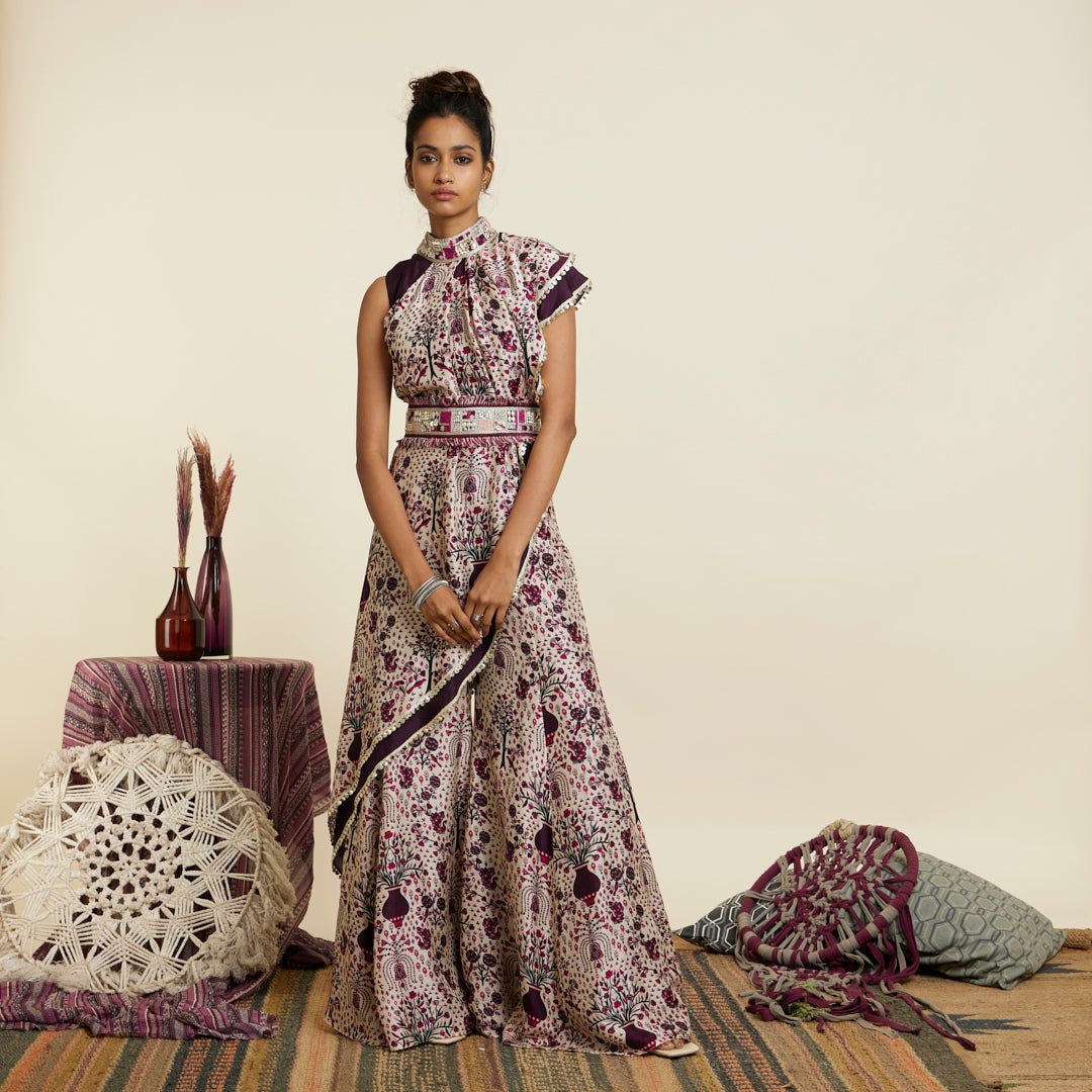 SAFAR MERLOT JAAL CROP TOP ATTACHED DRAPE WITH SHARARA PANTS