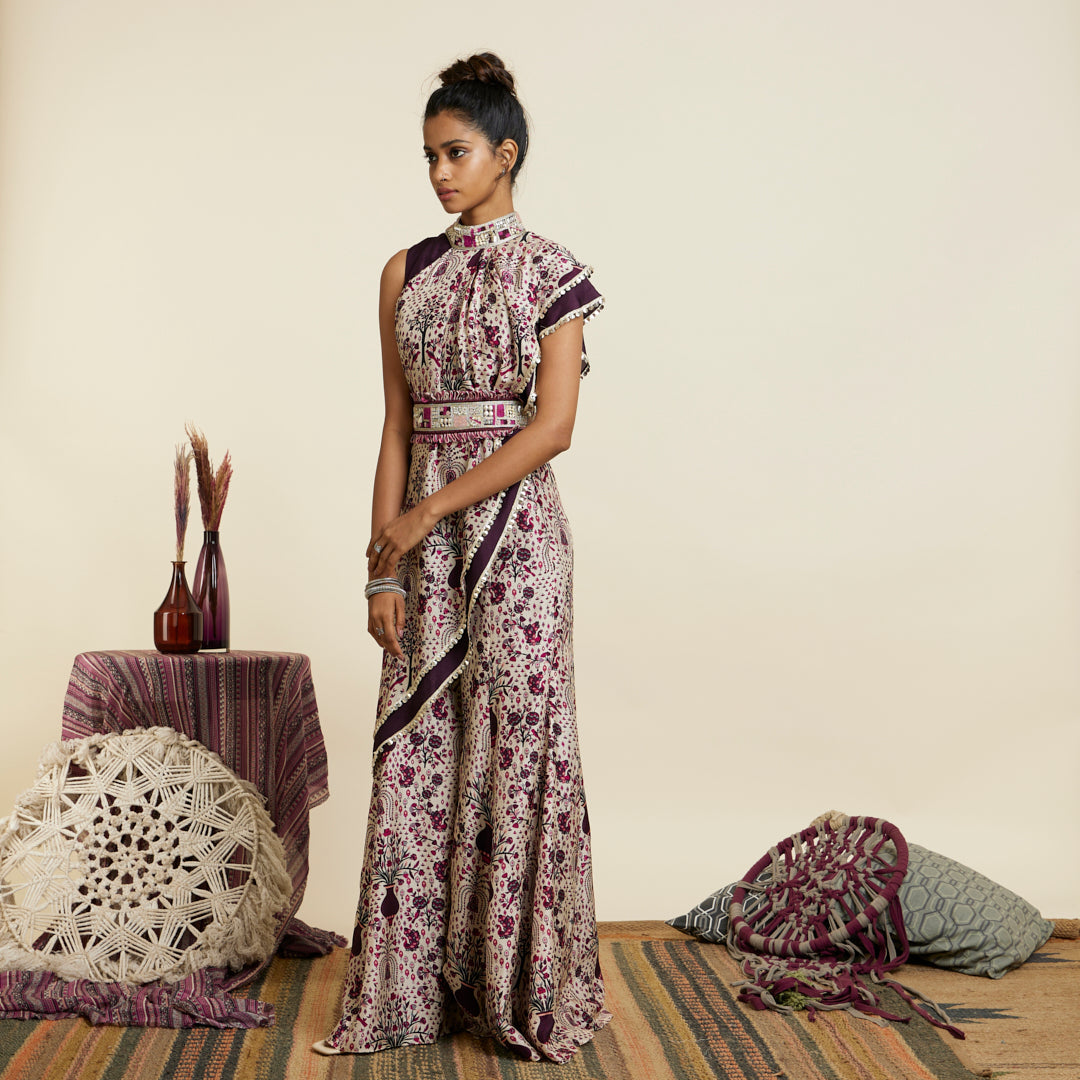 SAFAR MERLOT JAAL CROP TOP ATTACHED DRAPE WITH SHARARA PANTS