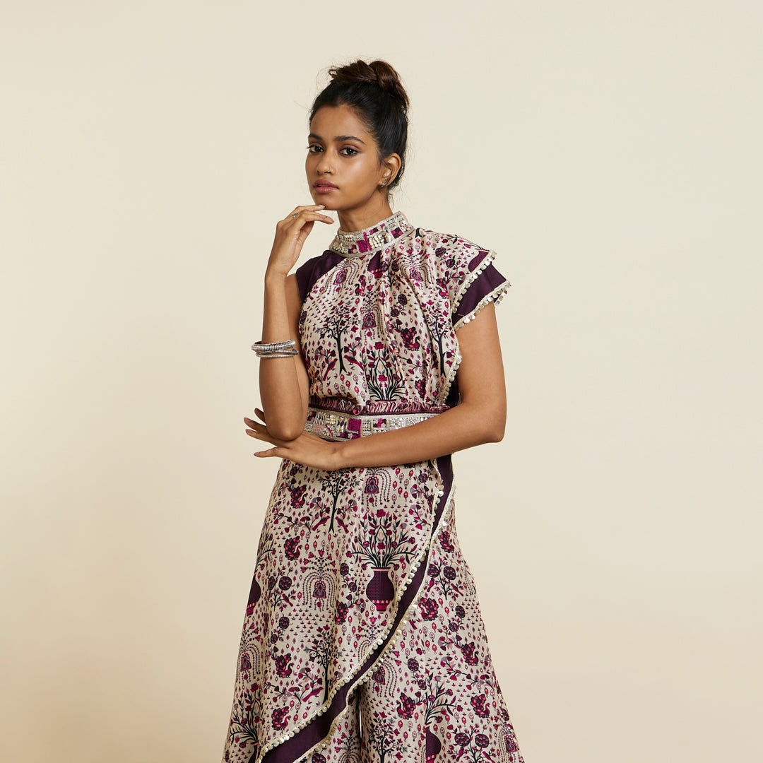 SAFAR MERLOT JAAL CROP TOP ATTACHED DRAPE WITH SHARARA PANTS