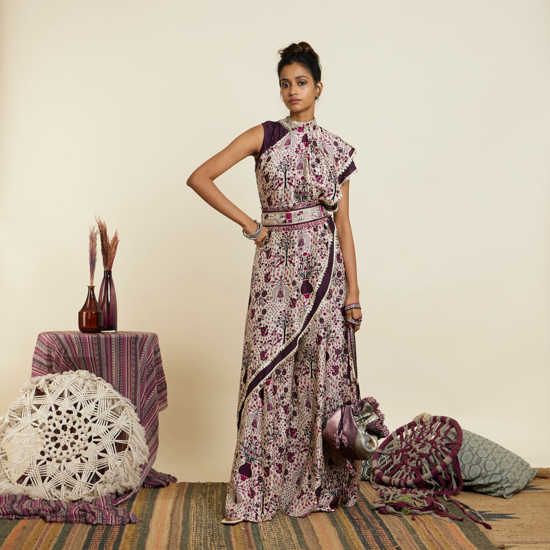 SAFAR MERLOT JAAL CROP TOP ATTACHED DRAPE WITH SHARARA PANTS