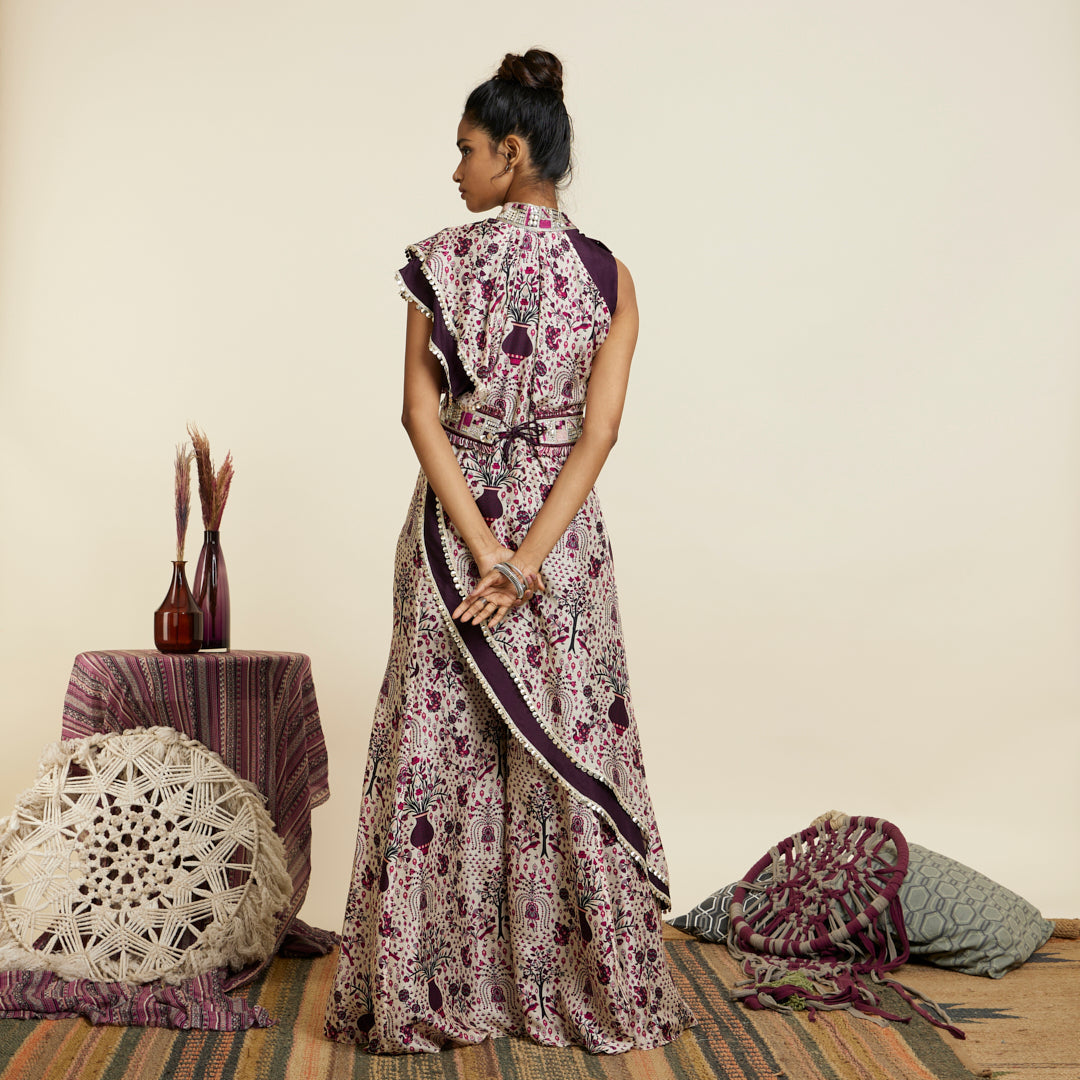 SAFAR MERLOT JAAL CROP TOP ATTACHED DRAPE WITH SHARARA PANTS