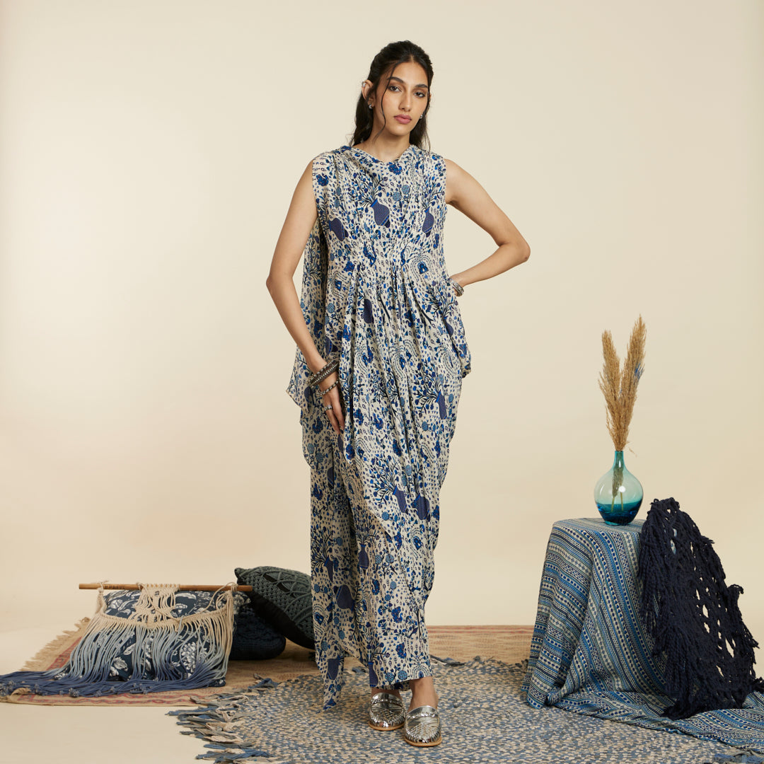 SAFAR BLUE JAAL PRINT CROP TOP WITH ATTACHED DRAPE WITH PANTS