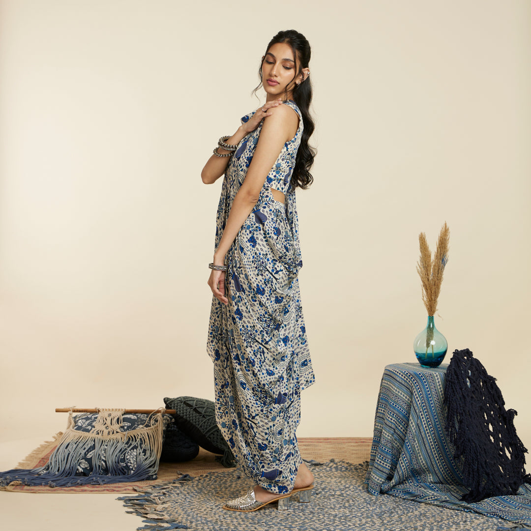 SAFAR BLUE JAAL PRINT CROP TOP WITH ATTACHED DRAPE WITH PANTS