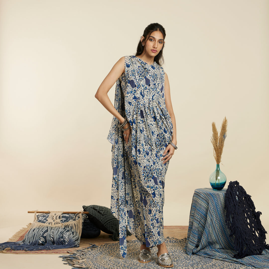 SAFAR BLUE JAAL PRINT CROP TOP WITH ATTACHED DRAPE WITH PANTS