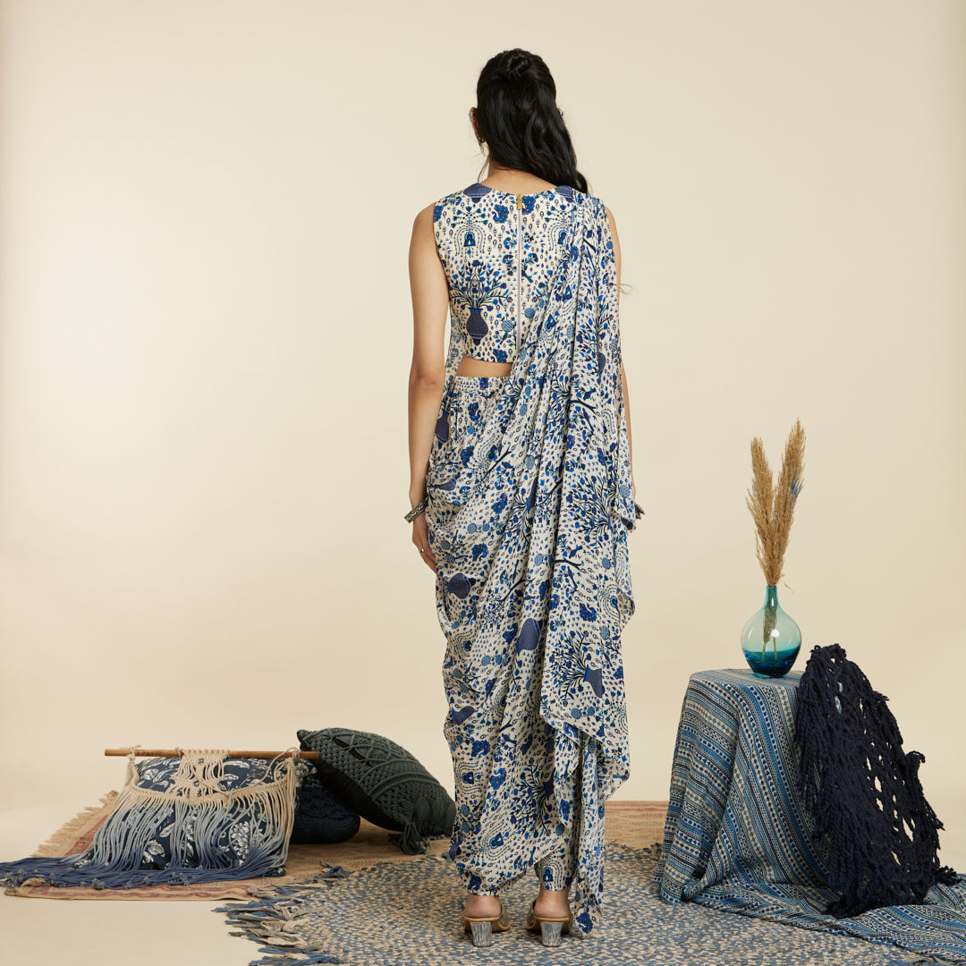 SAFAR BLUE JAAL PRINT CROP TOP WITH ATTACHED DRAPE WITH PANTS