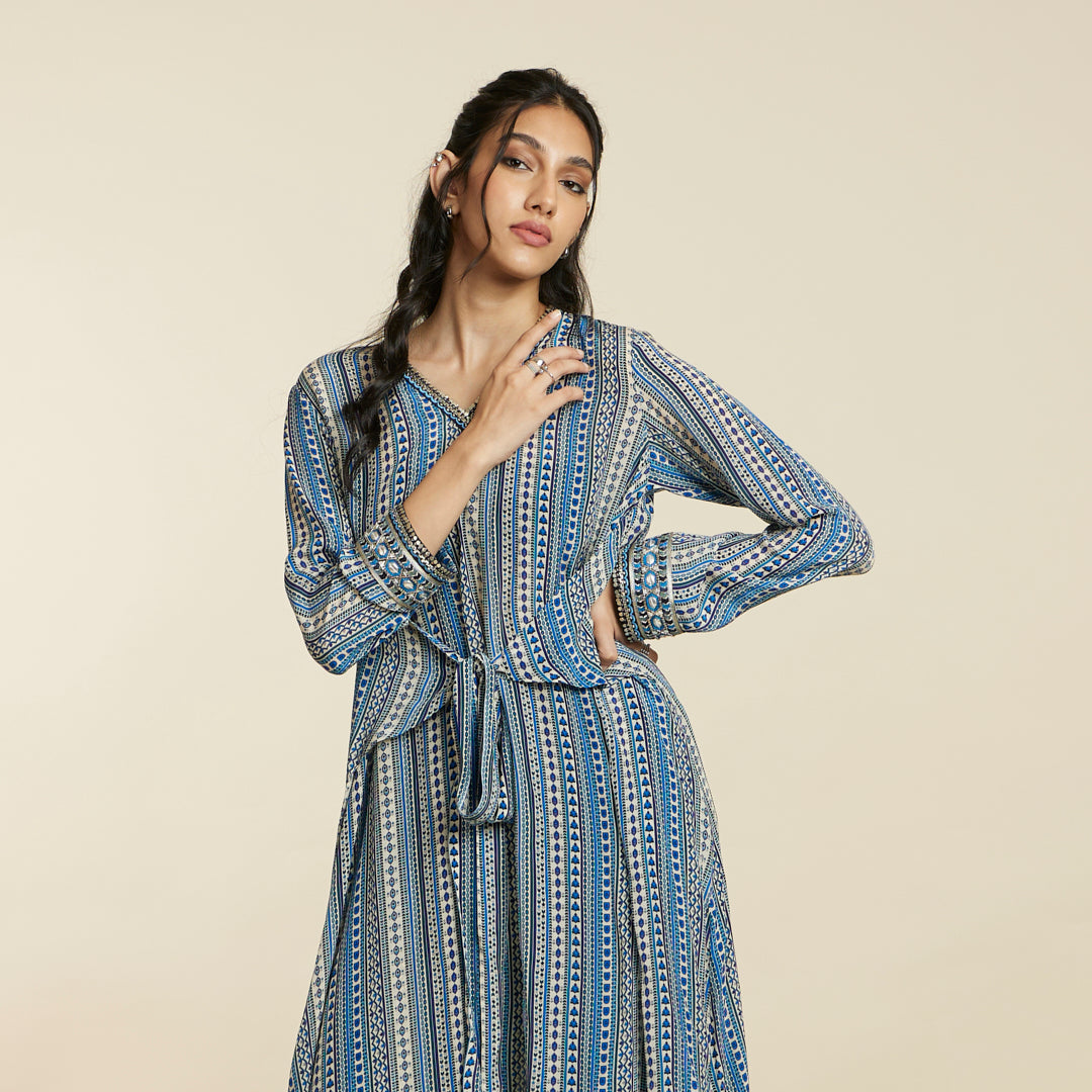 BLUE BOHO STRIPE FRONT TIE UP TUNIC SET