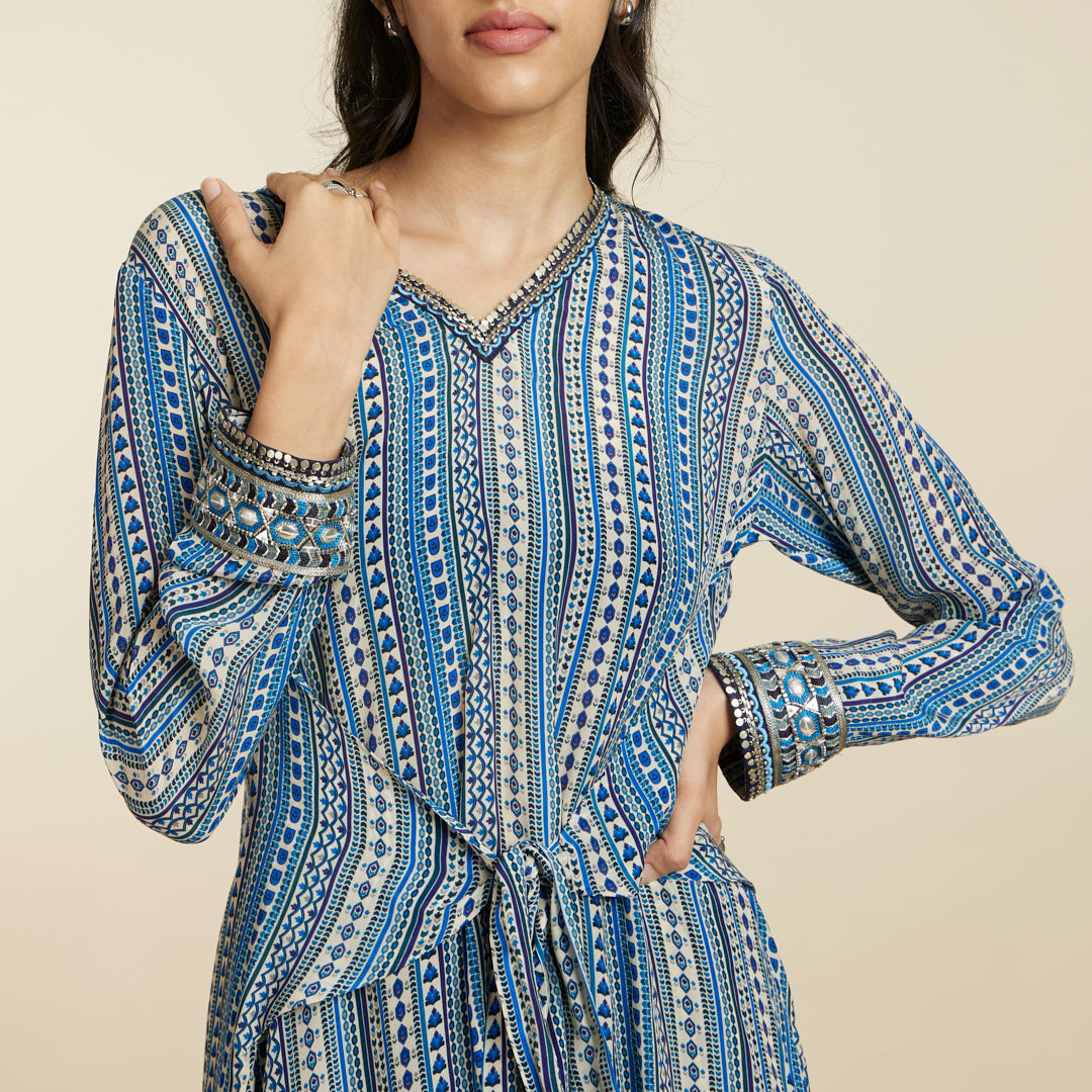 BLUE BOHO STRIPE FRONT TIE UP TUNIC SET