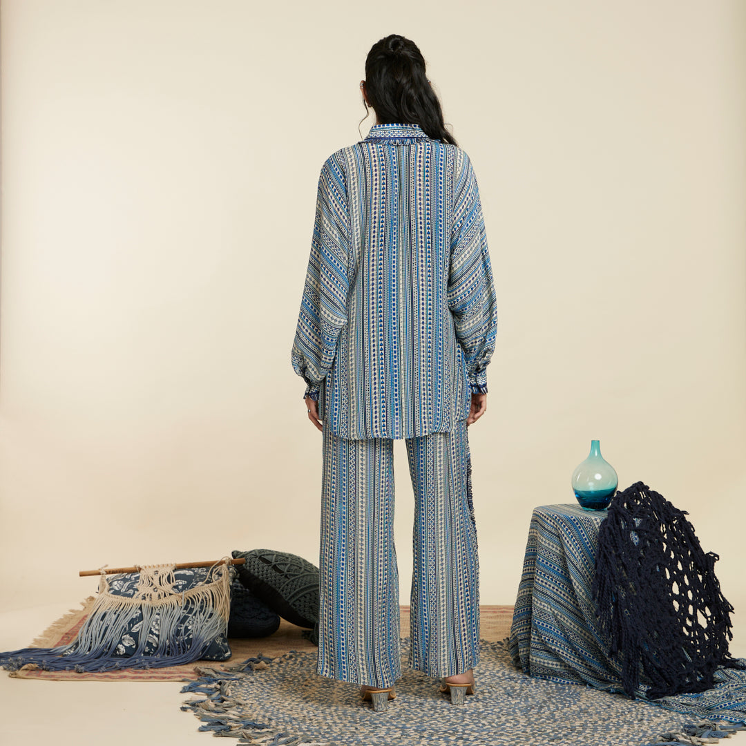 BLUE BOHO STRIPE PRINT OVERSIZED COORD SET