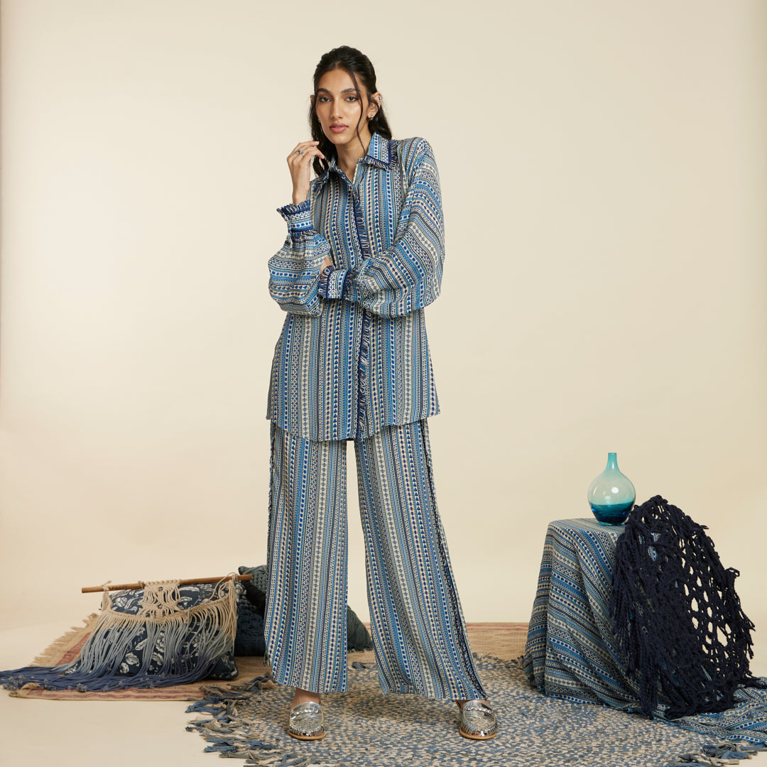 BLUE BOHO STRIPE PRINT OVERSIZED COORD SET