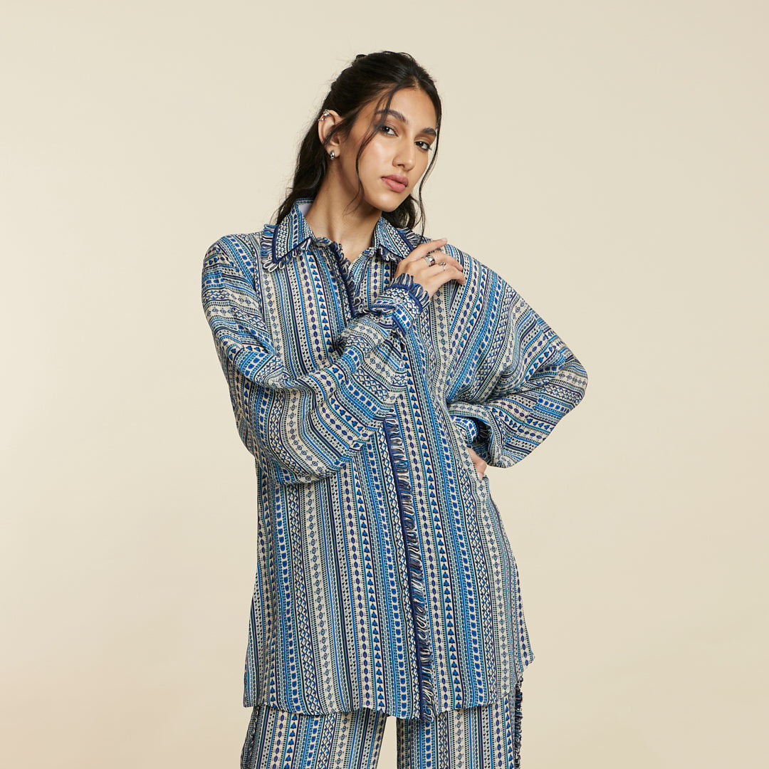 BLUE BOHO STRIPE PRINT OVERSIZED COORD SET