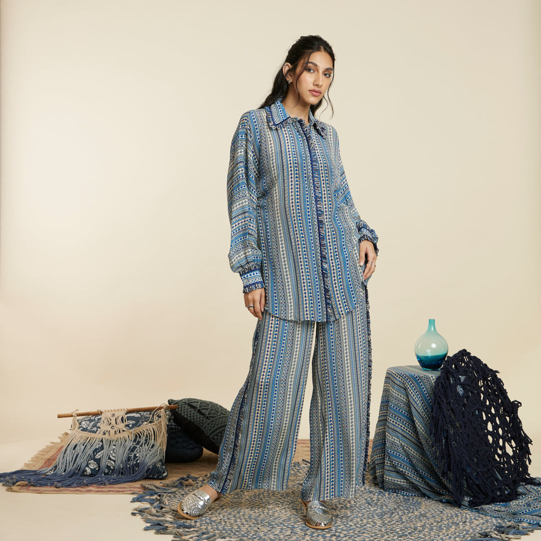 BLUE BOHO STRIPE PRINT OVERSIZED COORD SET