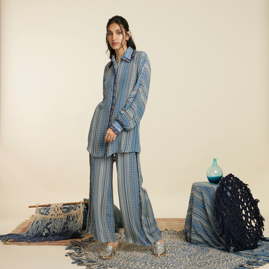 BLUE BOHO STRIPE PRINT OVERSIZED COORD SET