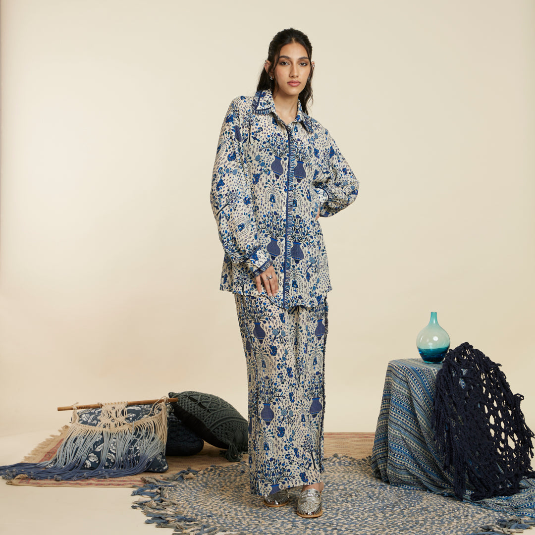 SAFAR BLUE JAAL PRINT OVERSIZED COORD SET