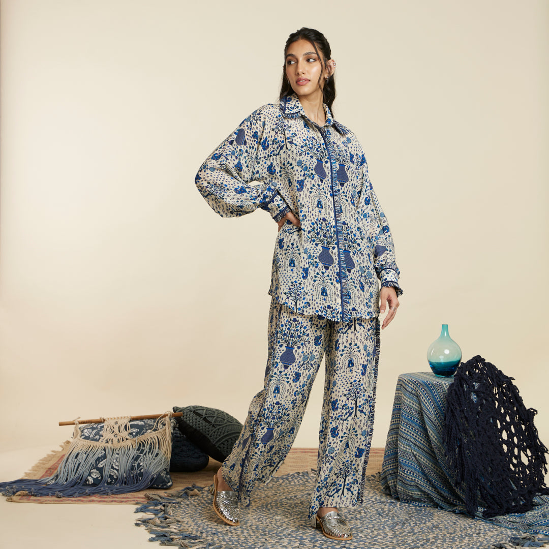 SAFAR BLUE JAAL PRINT OVERSIZED COORD SET