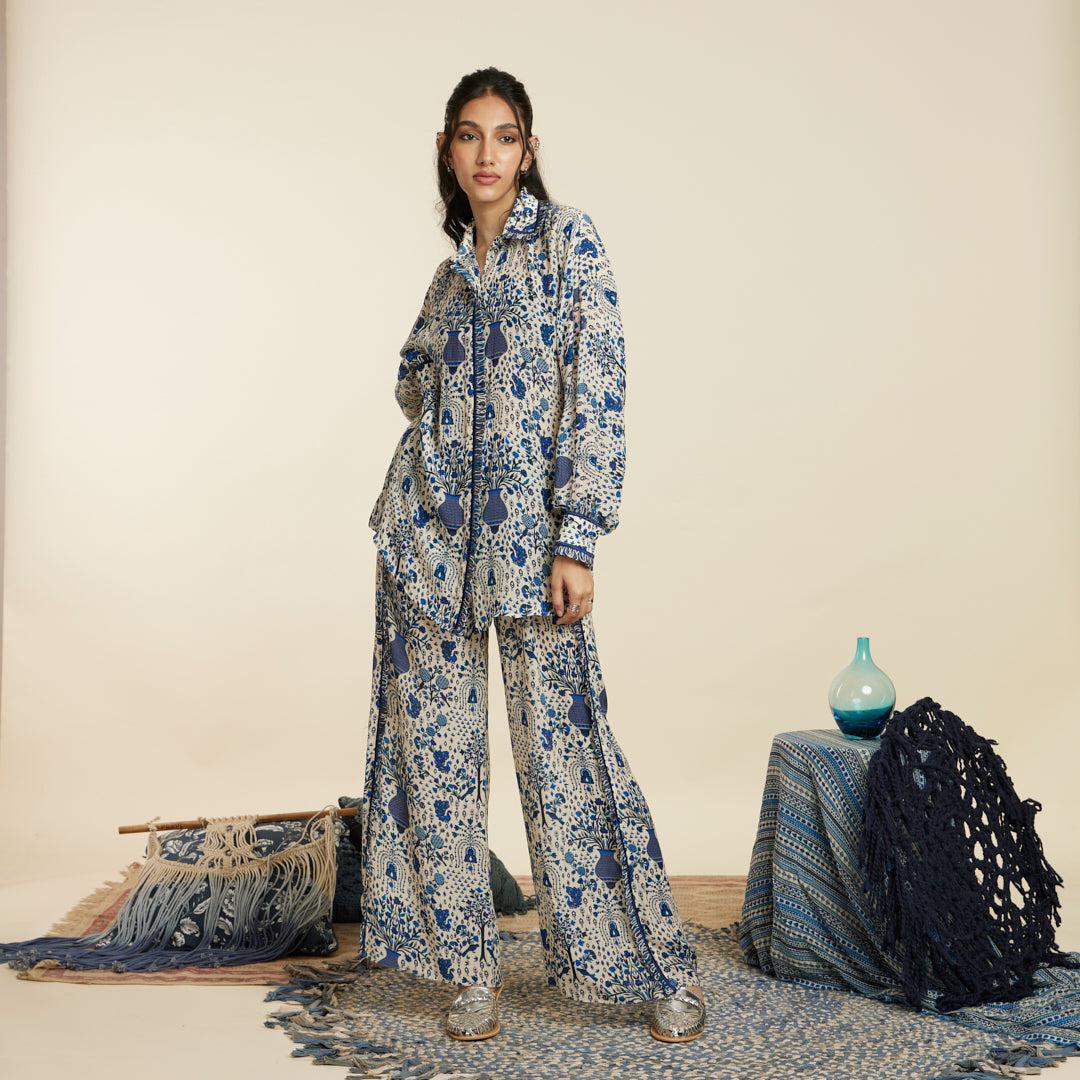 SAFAR BLUE JAAL PRINT OVERSIZED COORD SET