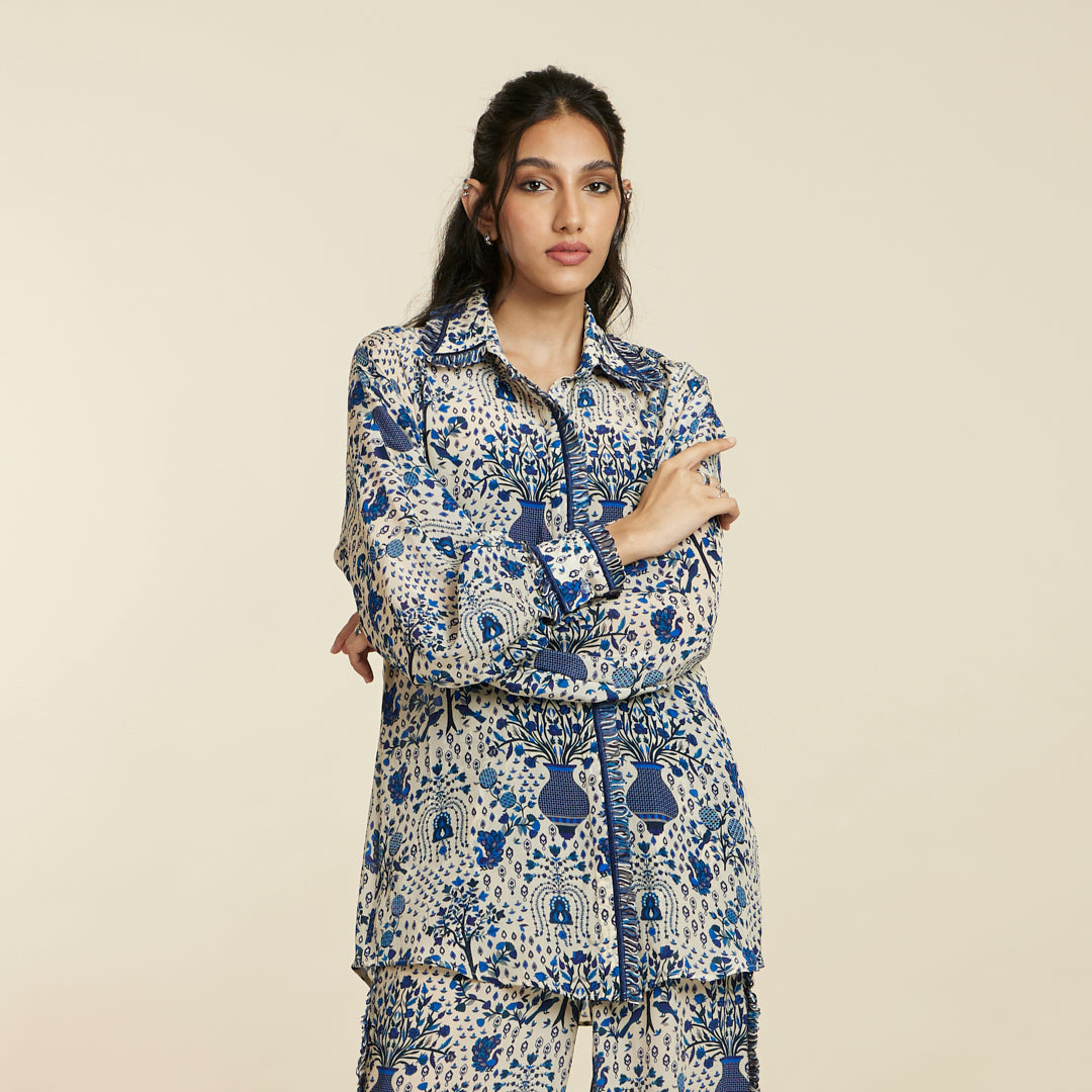 SAFAR BLUE JAAL PRINT OVERSIZED COORD SET