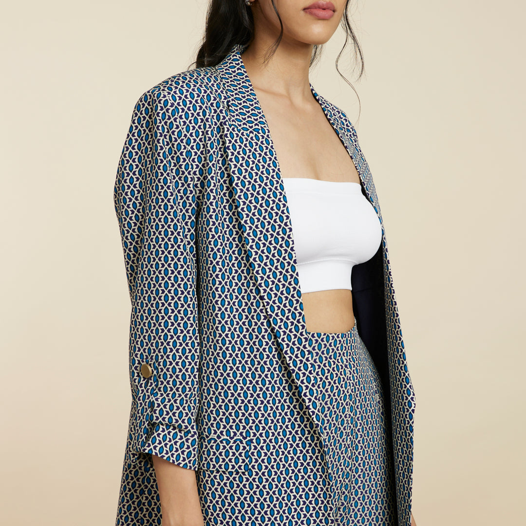 BLUE BOHO STRIPE PRINT STRIPE PRINT BLAZER SET