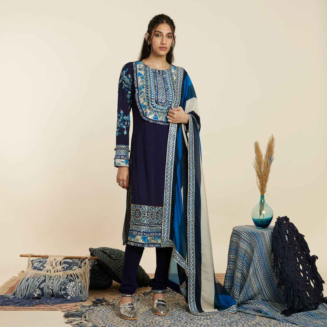 BLUE EMBELLISHED YOKE KURTA SET