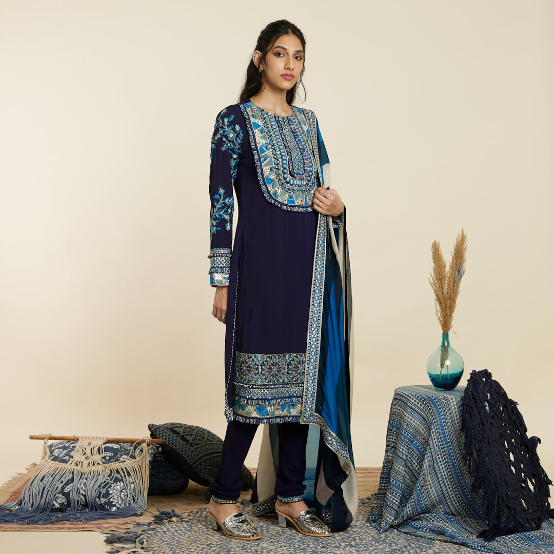 BLUE EMBELLISHED YOKE KURTA SET