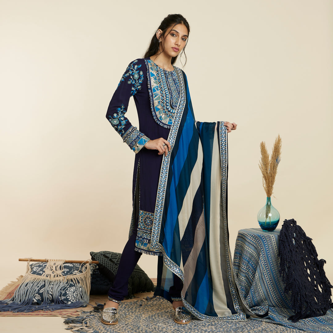 BLUE EMBELLISHED YOKE KURTA SET