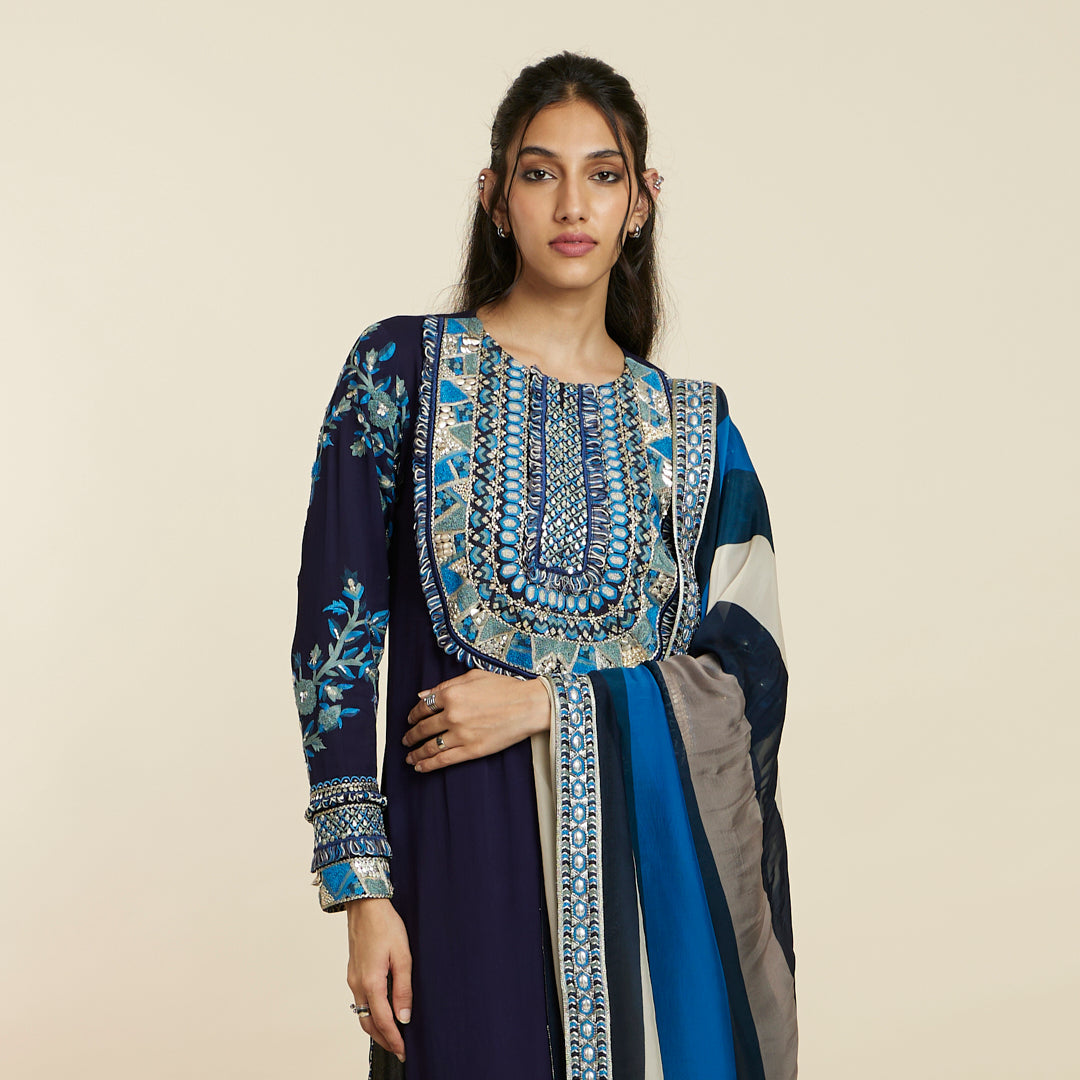 BLUE EMBELLISHED YOKE KURTA SET