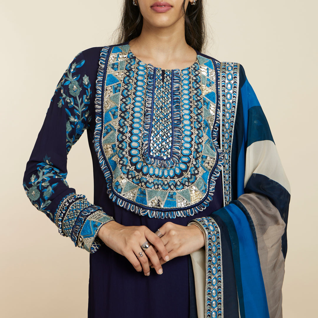 BLUE EMBELLISHED YOKE KURTA SET