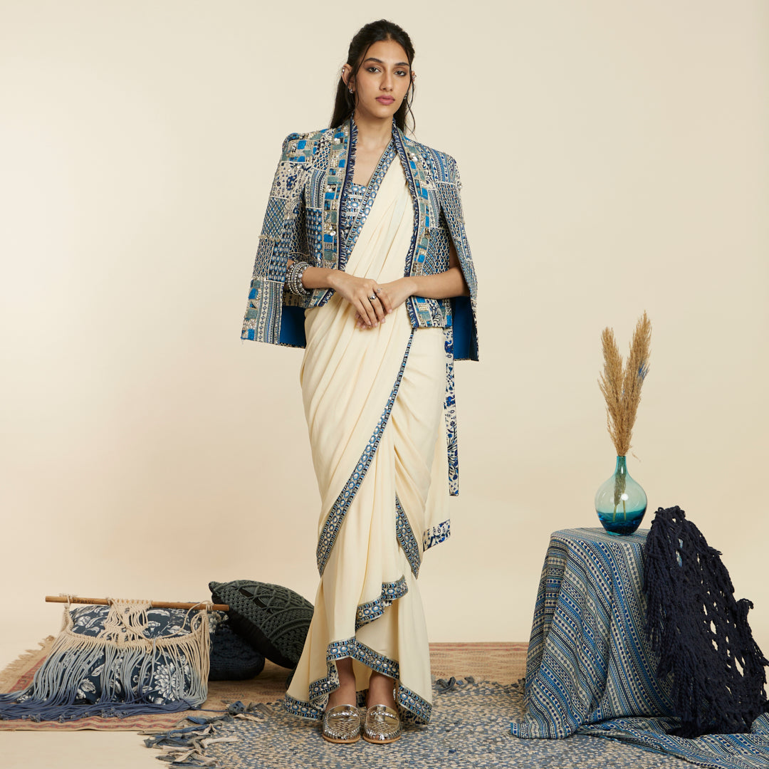 IVORY CASCADE SAREE SET WITH PATCHWORK NOOR JACKET