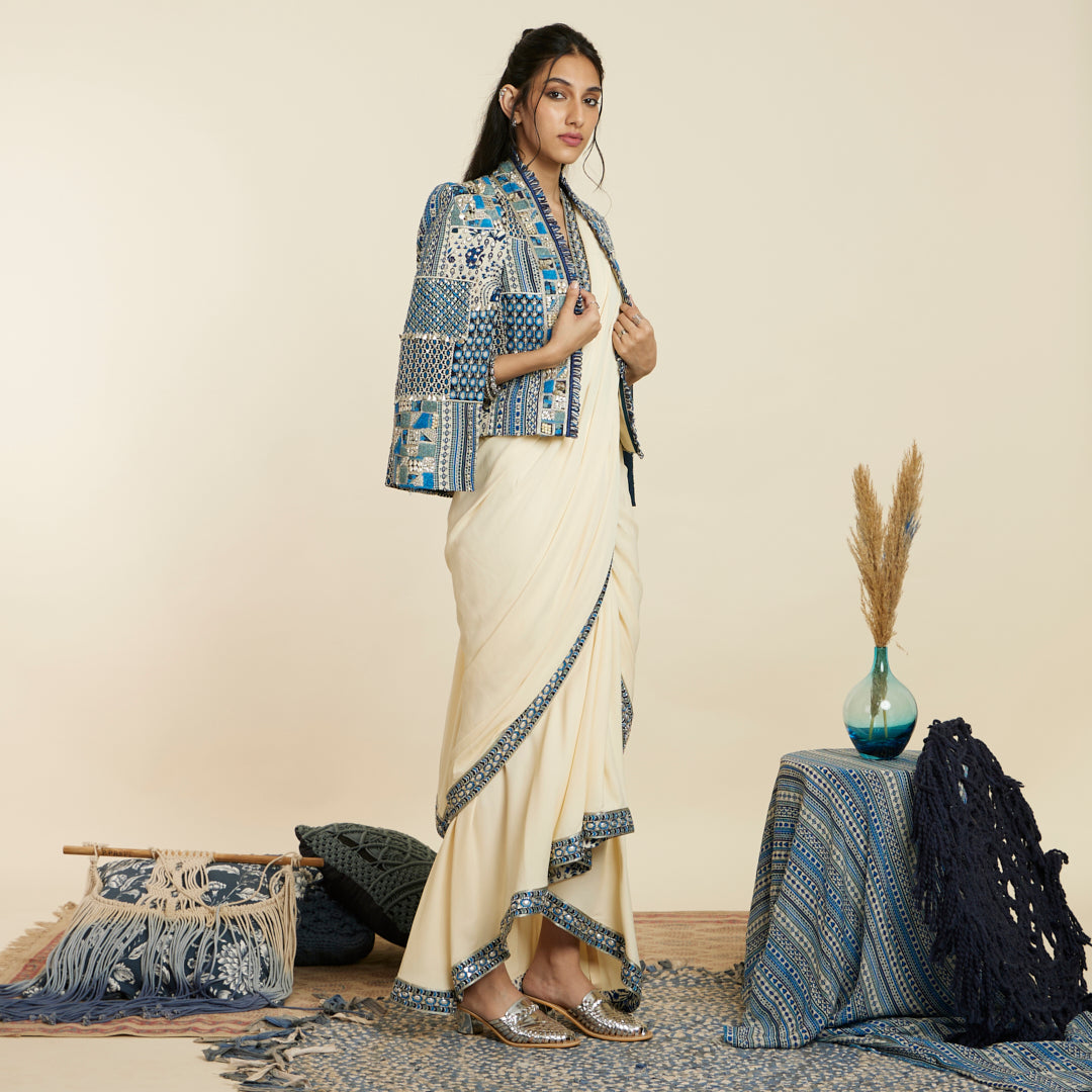 IVORY CASCADE SAREE SET WITH PATCHWORK NOOR JACKET