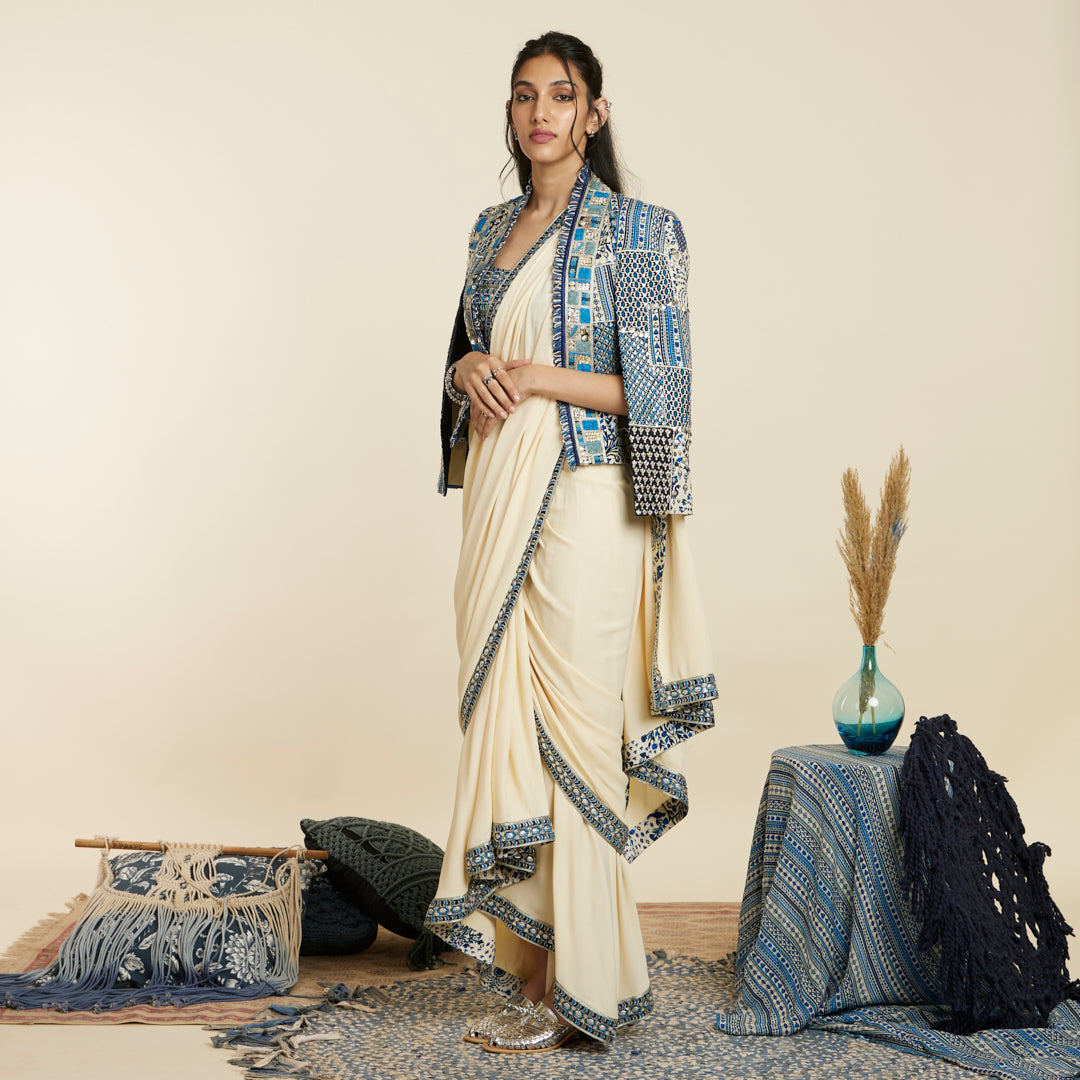 IVORY CASCADE SAREE SET WITH PATCHWORK NOOR JACKET