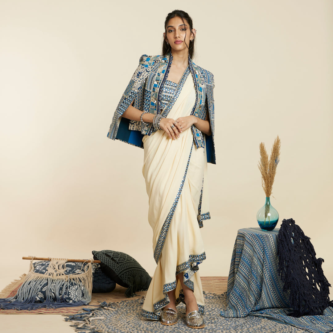 IVORY CASCADE SAREE SET WITH PATCHWORK NOOR JACKET