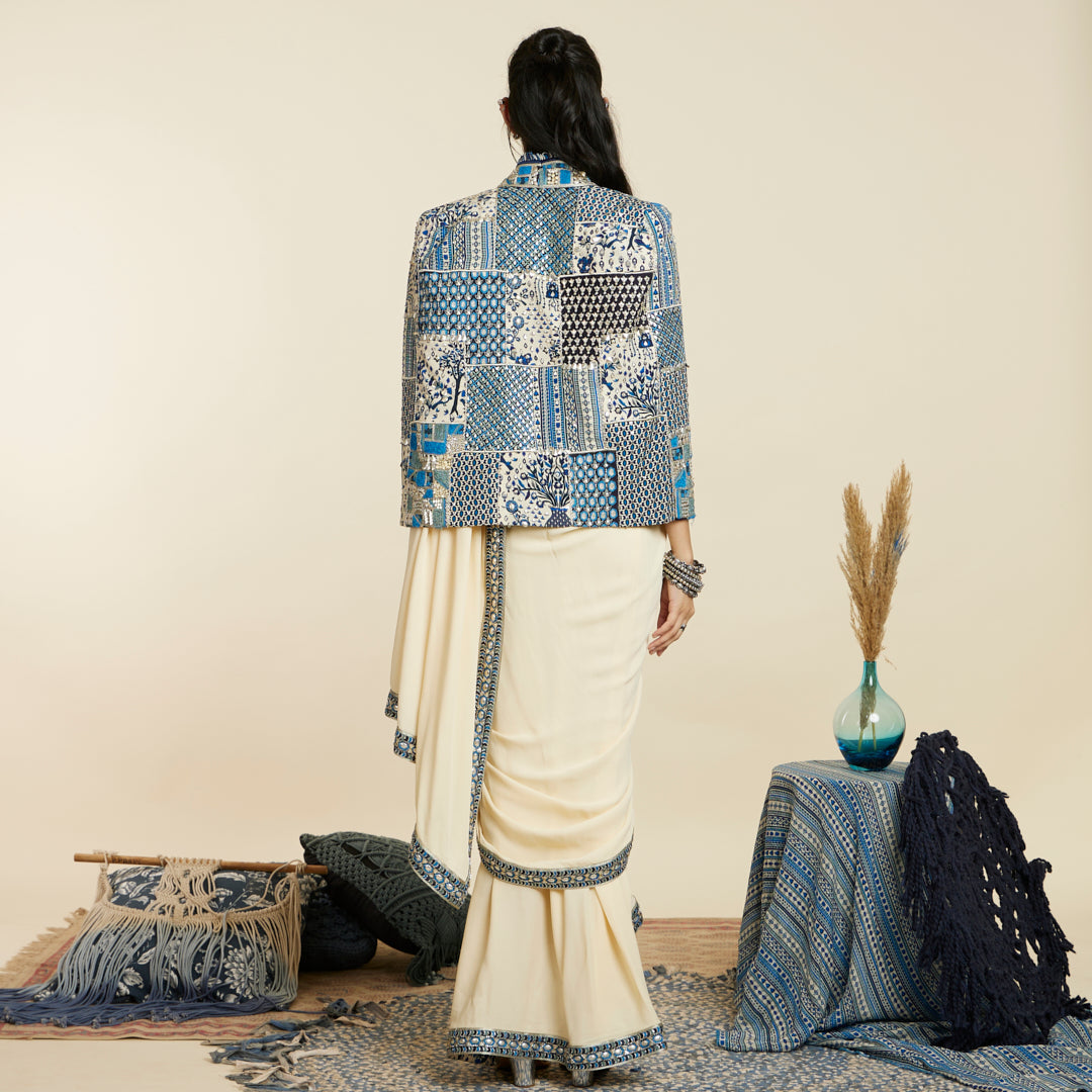 IVORY CASCADE SAREE SET WITH PATCHWORK NOOR JACKET