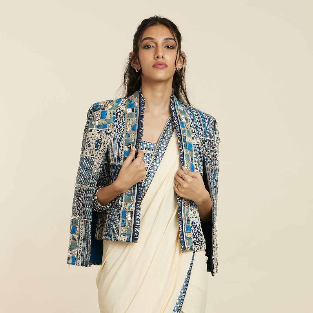 IVORY CASCADE SAREE SET WITH PATCHWORK NOOR JACKET