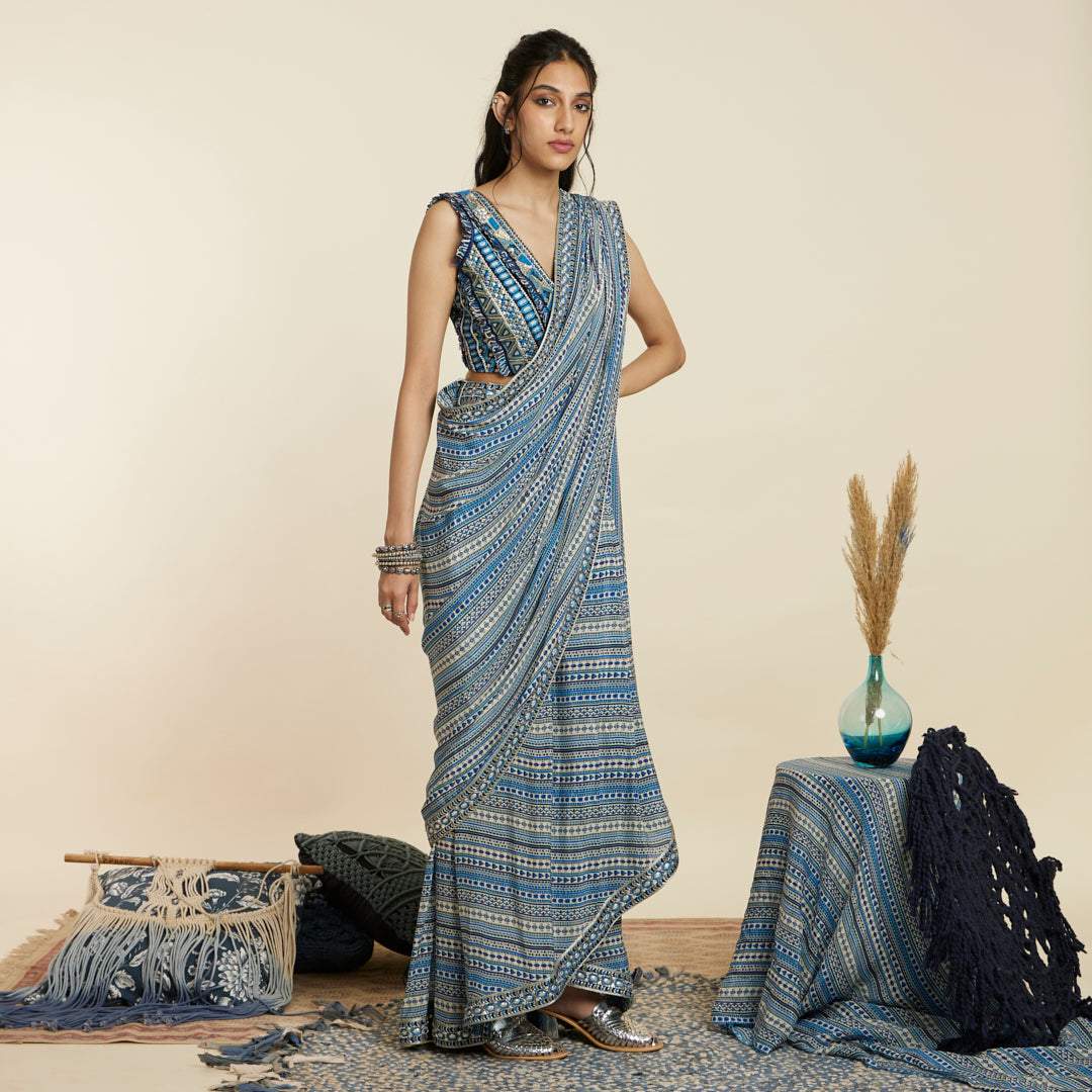 BLUE BOHO STRIPE CASCADE SAREE SET