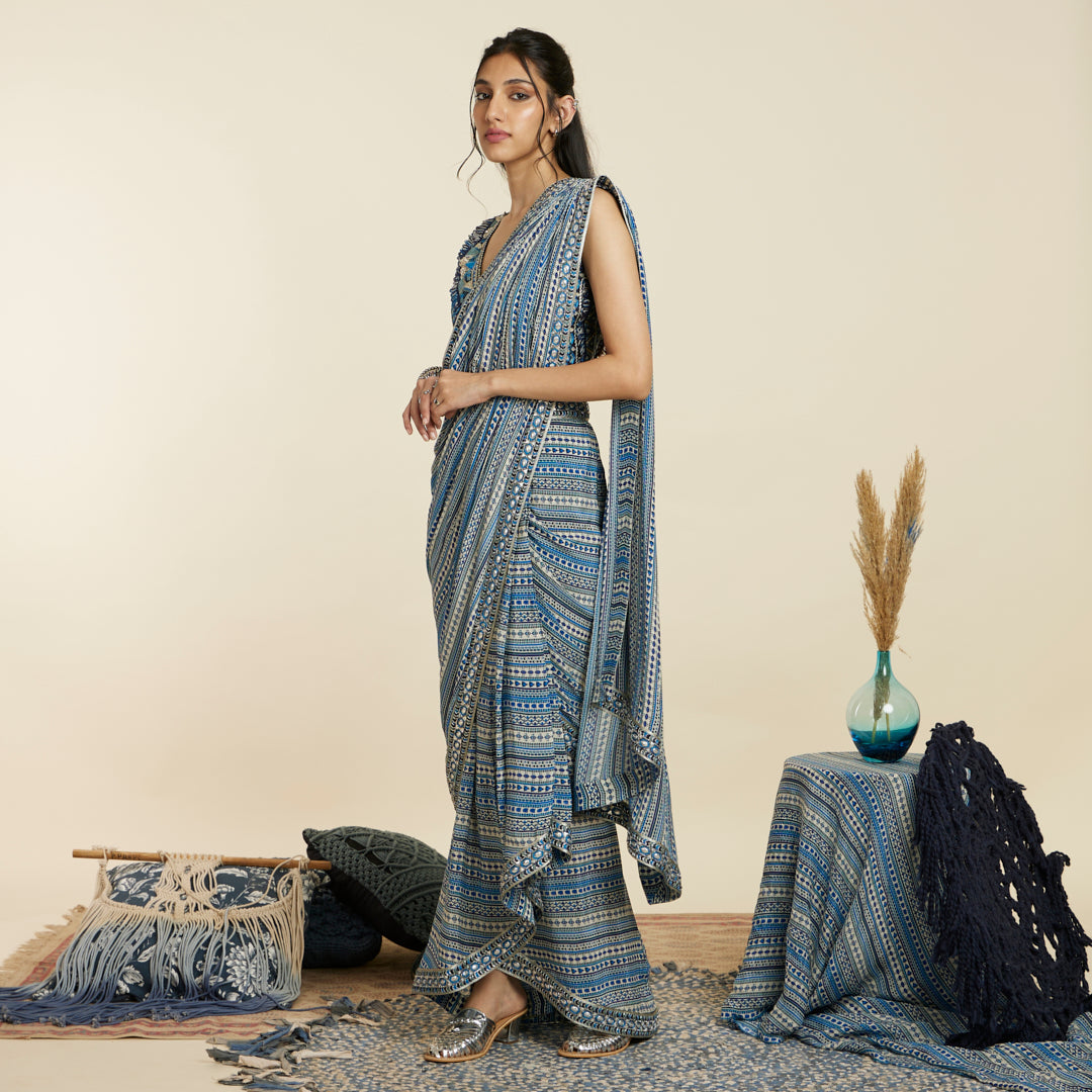 BLUE BOHO STRIPE CASCADE SAREE SET