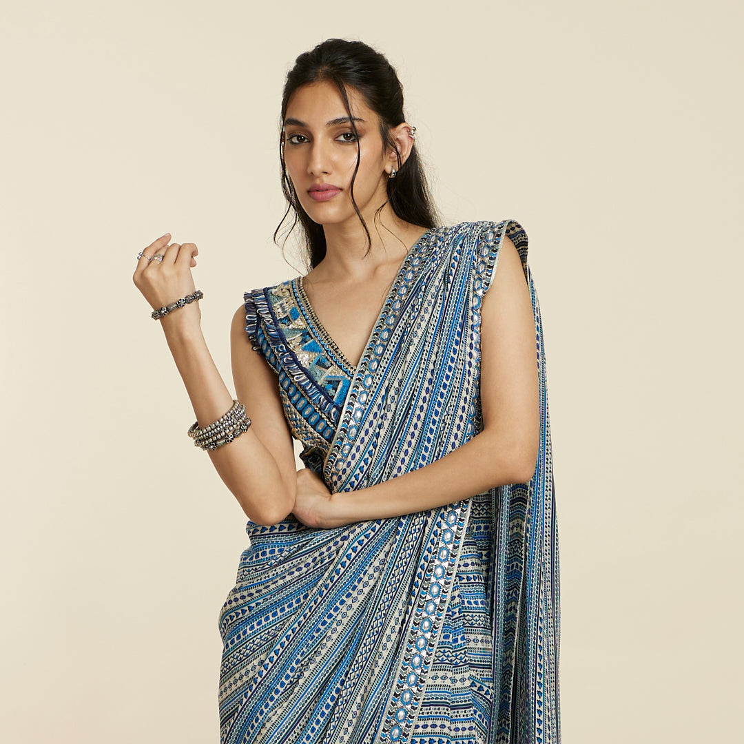 BLUE BOHO STRIPE CASCADE SAREE SET