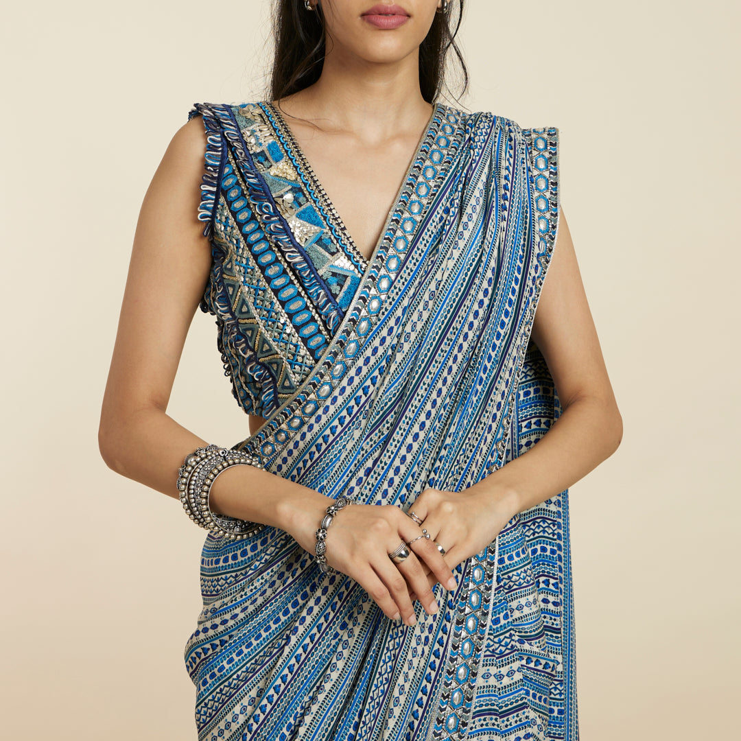 BLUE BOHO STRIPE CASCADE SAREE SET