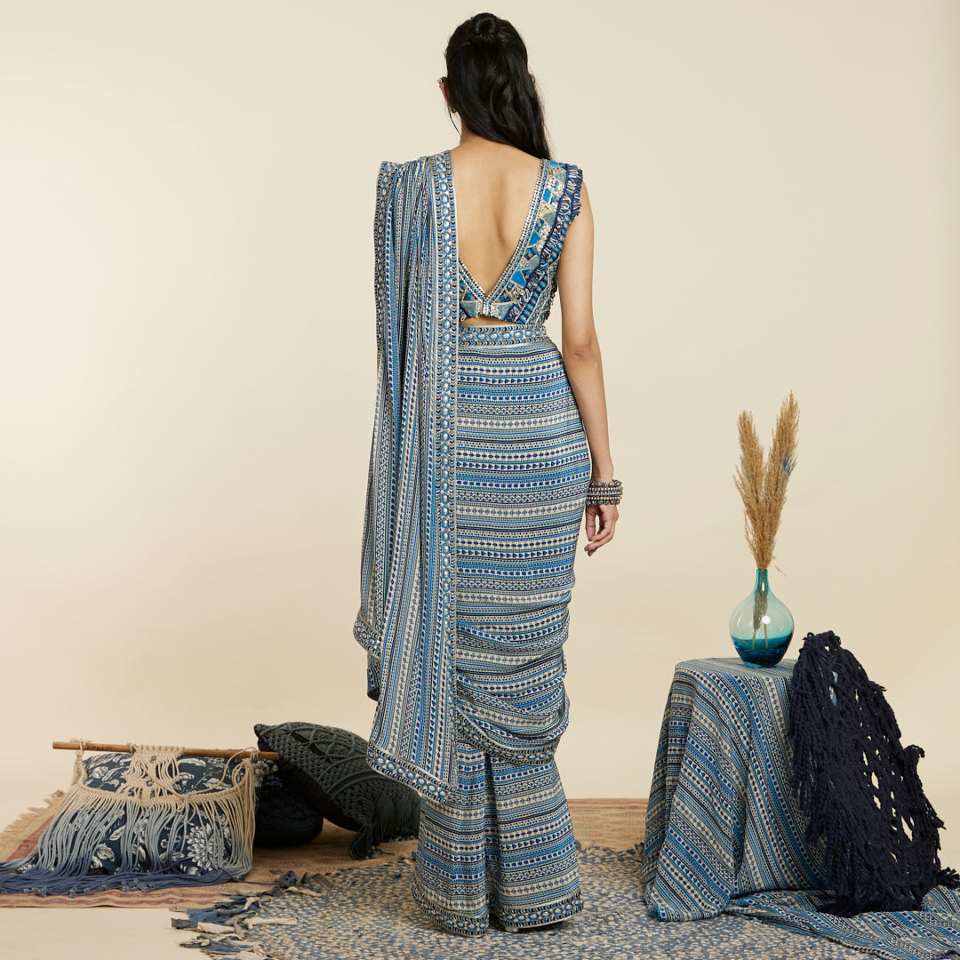 BLUE BOHO STRIPE CASCADE SAREE SET