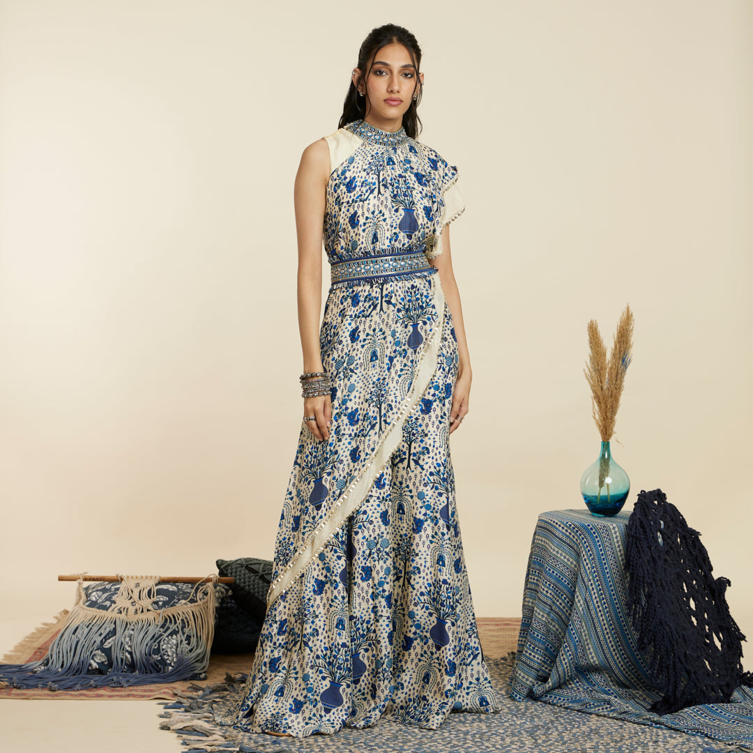 SAFAR BLUE JAAL CROP TOP ATTACHED DRAPE WITH SHARARA PANTS