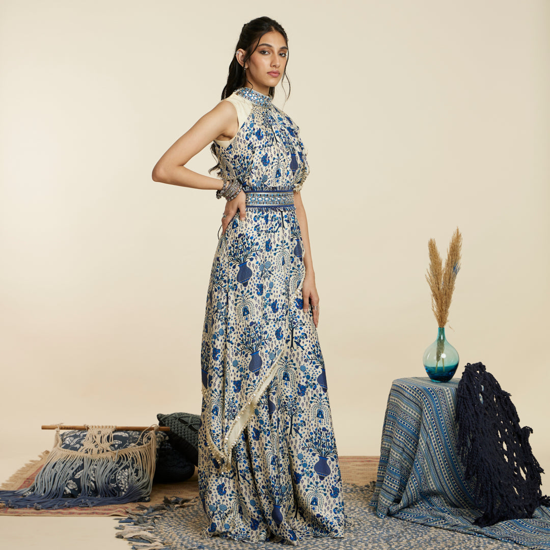 SAFAR BLUE JAAL CROP TOP ATTACHED DRAPE WITH SHARARA PANTS