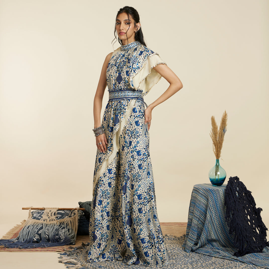 SAFAR BLUE JAAL CROP TOP ATTACHED DRAPE WITH SHARARA PANTS