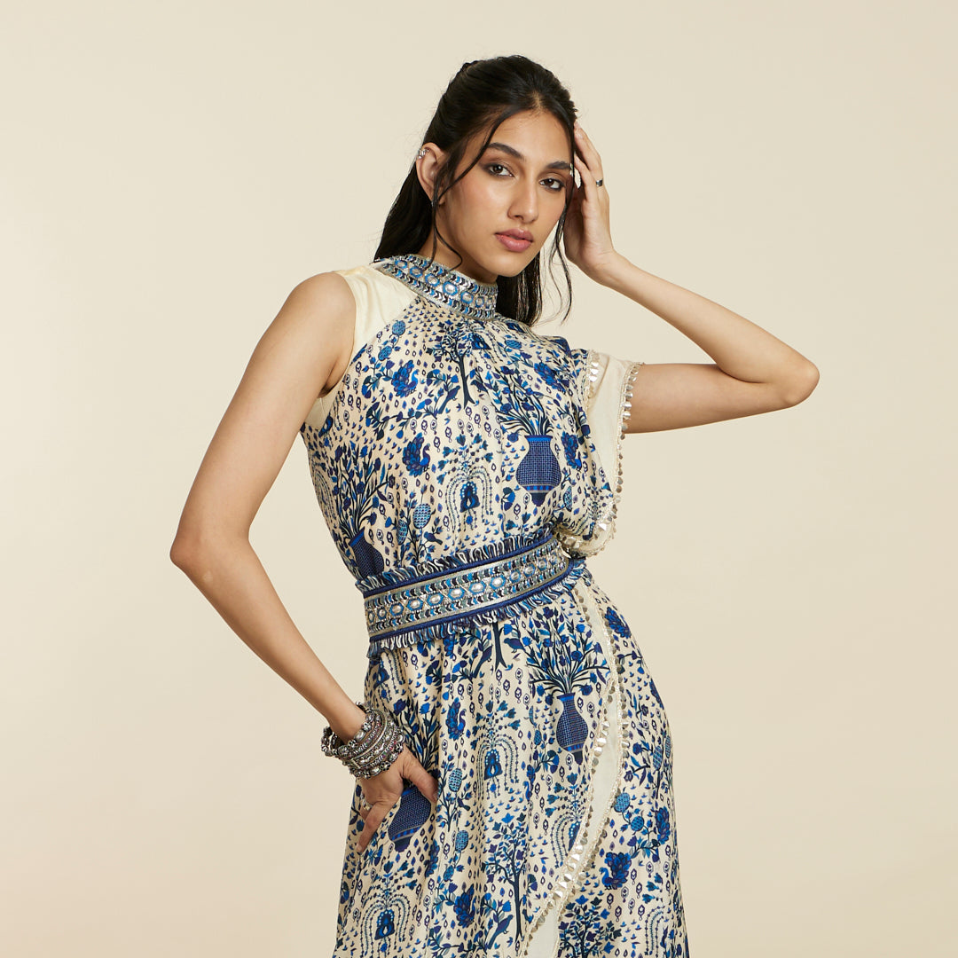 SAFAR BLUE JAAL CROP TOP ATTACHED DRAPE WITH SHARARA PANTS