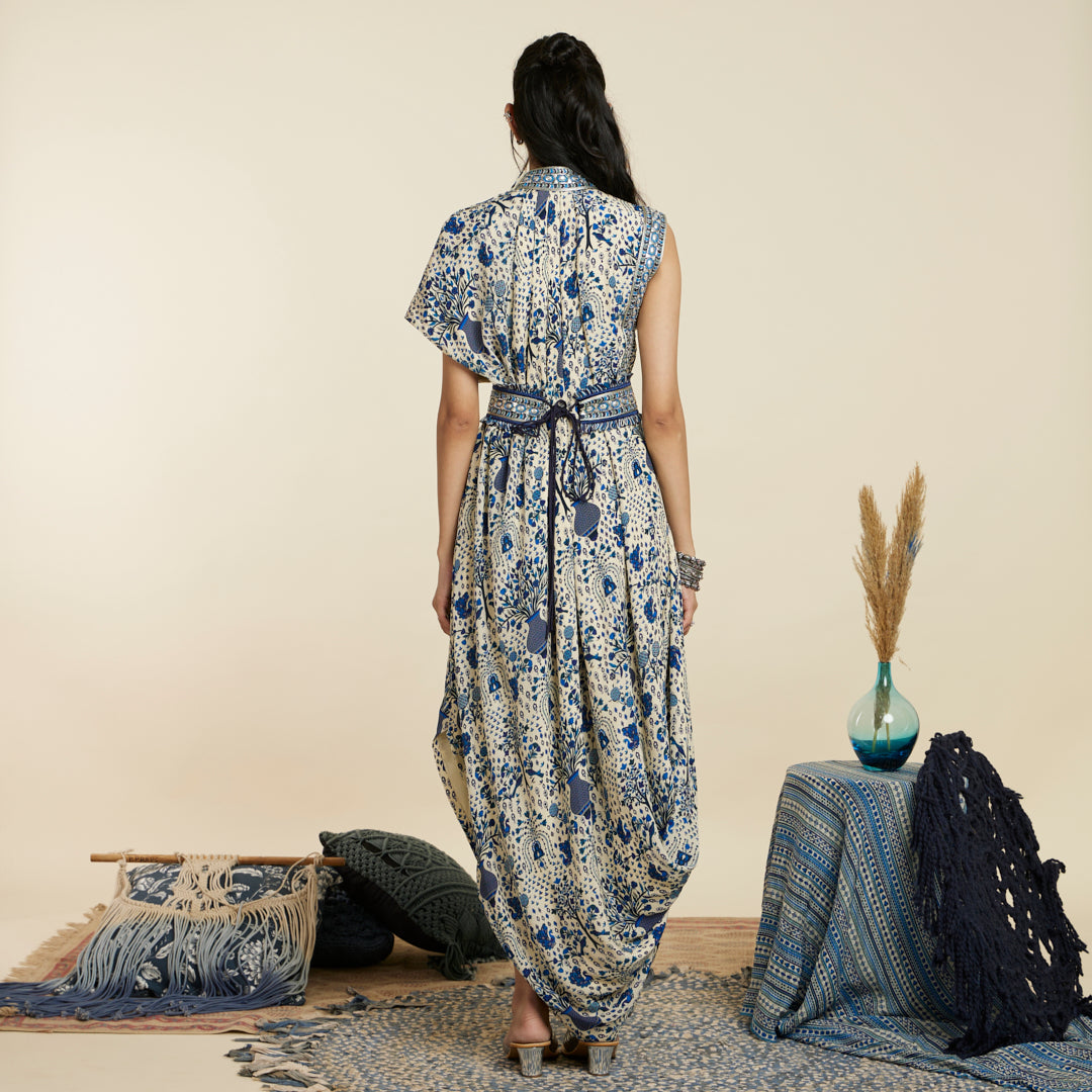 SAFAR BLUE JAAL DRAPE DRESS WITH BELT