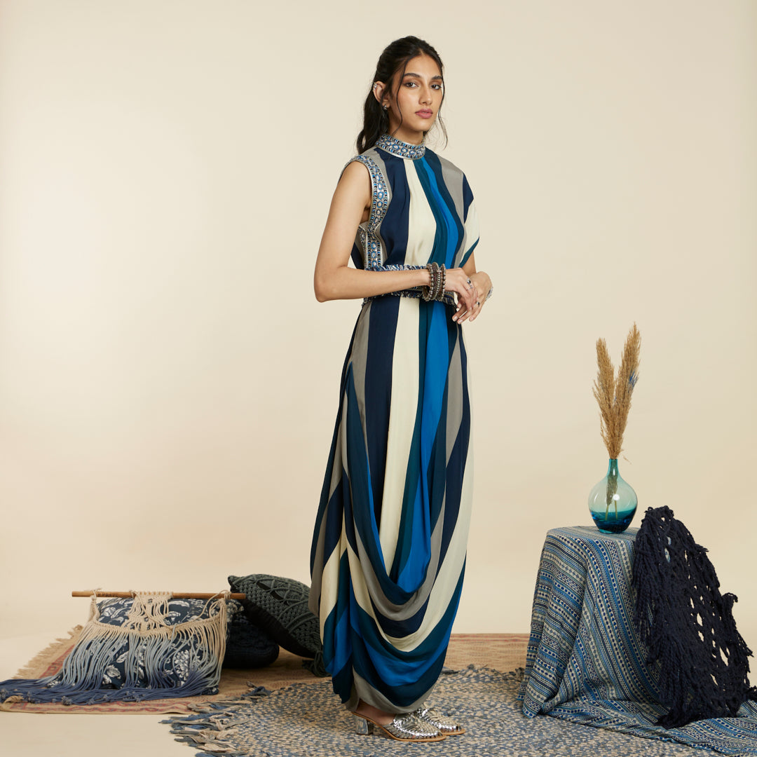 BLUE STRIPE DRAPE DRESS WITH A BELT