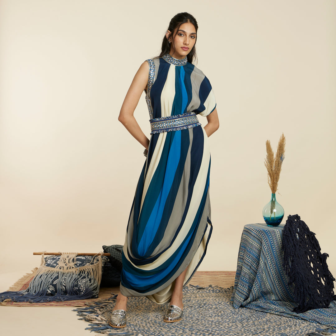 BLUE STRIPE DRAPE DRESS WITH A BELT