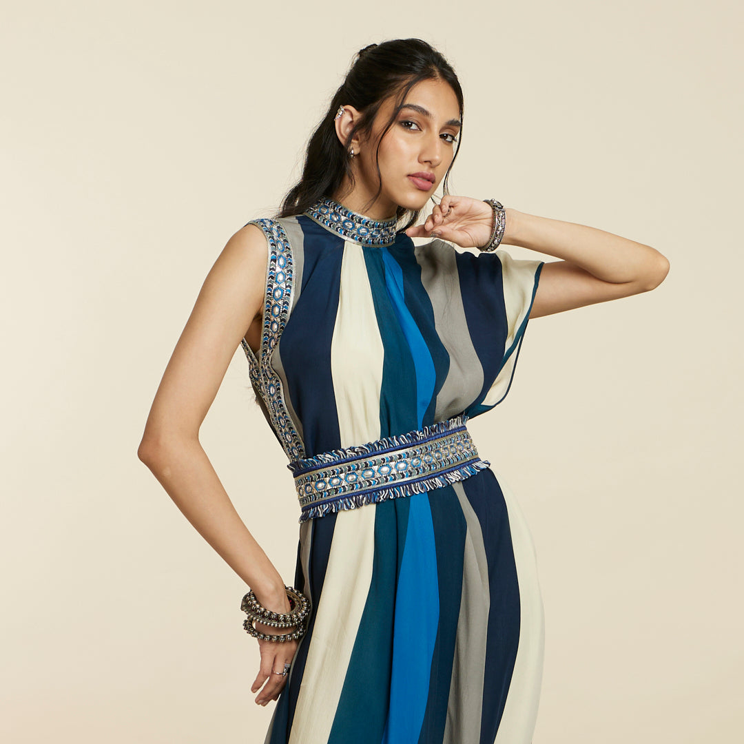 BLUE STRIPE DRAPE DRESS WITH A BELT