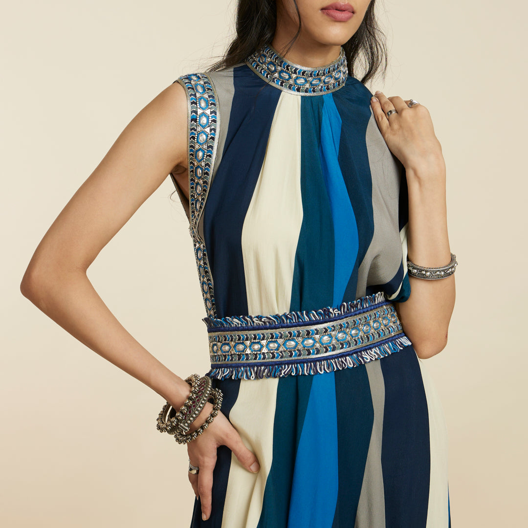 BLUE STRIPE DRAPE DRESS WITH A BELT