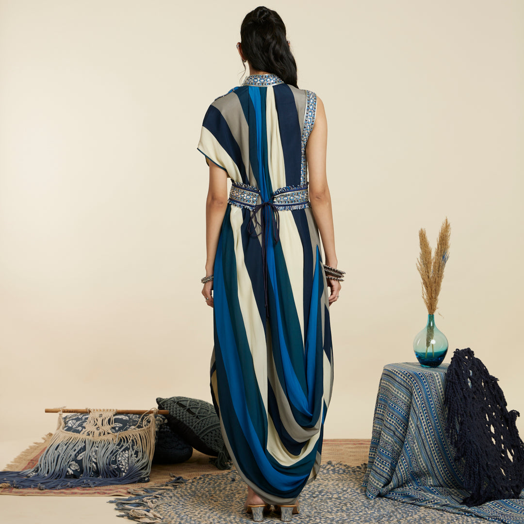 BLUE STRIPE DRAPE DRESS WITH A BELT